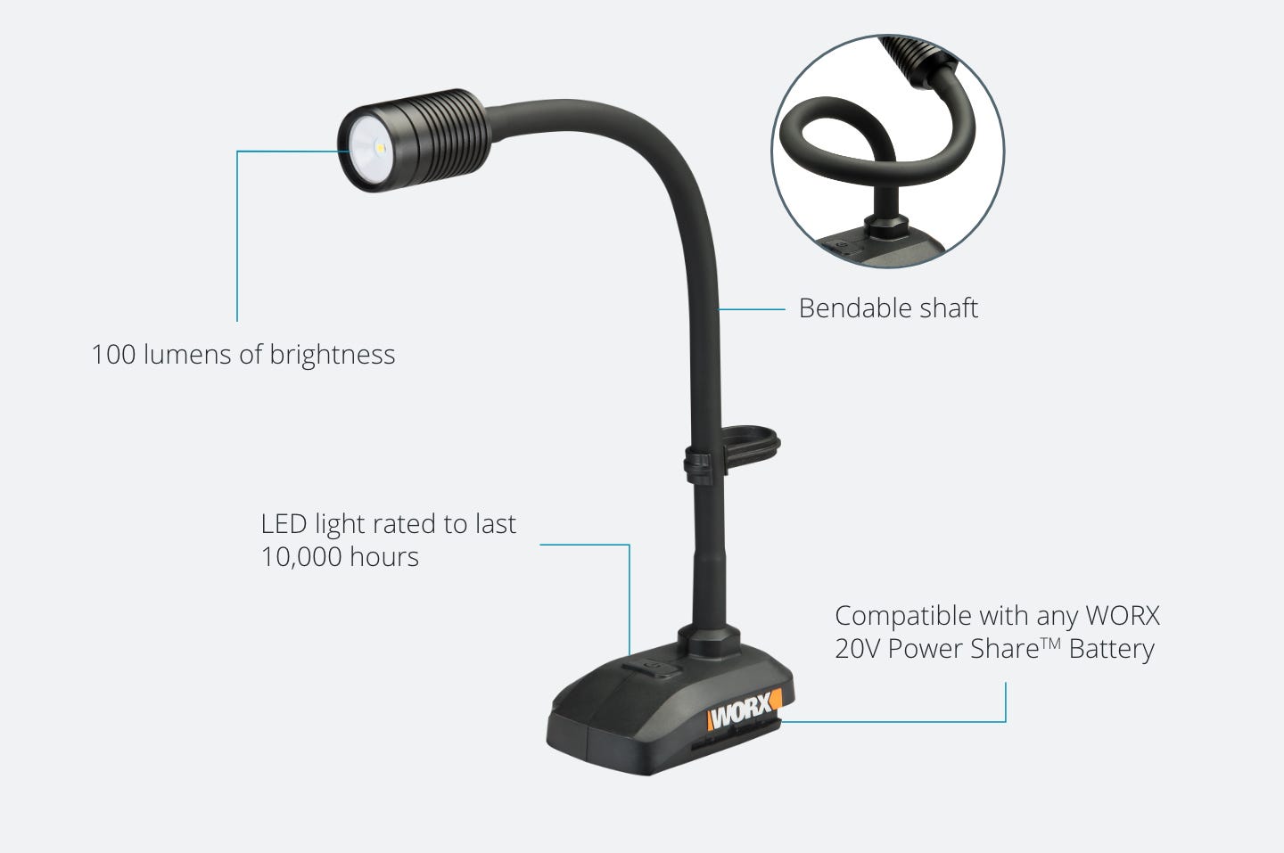 LED light featuring: 100 lumens of brightness, bendable shaft, rated to last 10,000 hours, power share platform