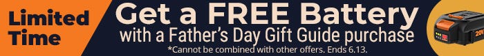 Limited time, get a free battery with a father's day gift guide purchase. Cannot be combined with other offers. Ends 6.13
