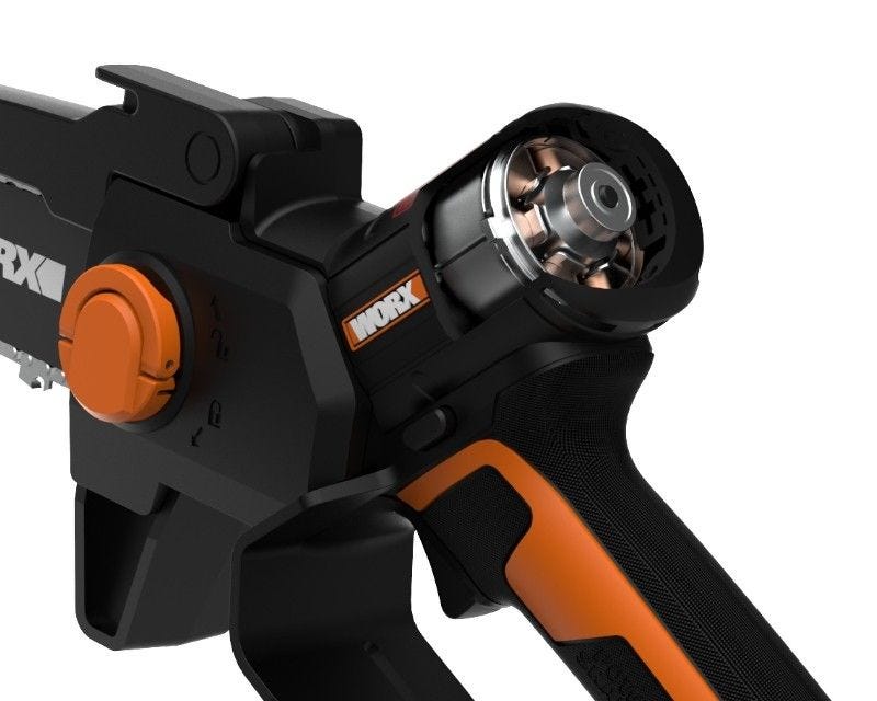 close up image of the back of the saw where the brushless motor is